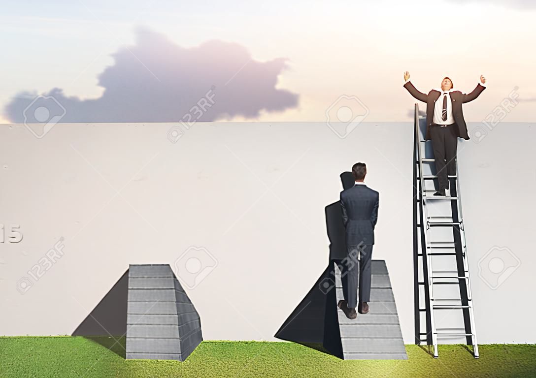 homem, escalando, escada, ligado, parede