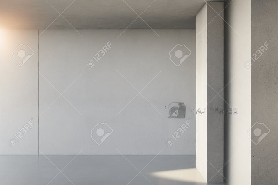 Interior iluminado pelo sol com parede de concreto em branco e piso.