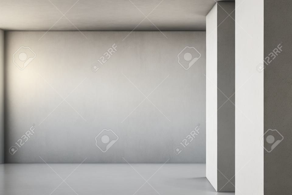 Interior iluminado pelo sol com parede de concreto em branco e piso.
