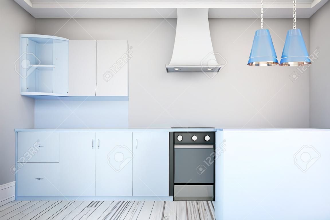 Front view of minimalistic blue kitchen interior. 3D Rendering