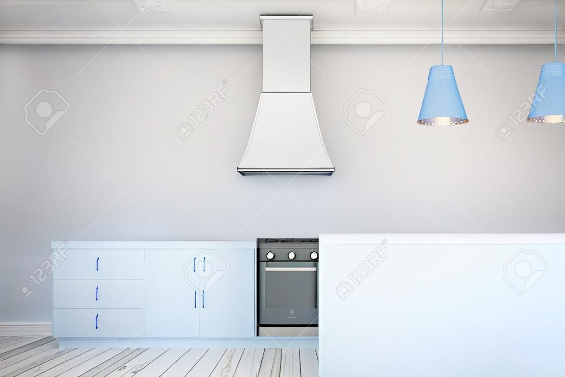 Front view of minimalistic blue kitchen interior. 3D Rendering