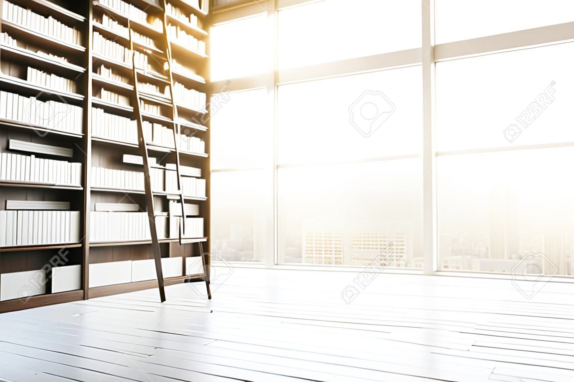 Side view of library interior with wooden bookshelves, light floor, ladder, window with city view and daylight. 3D Rendering