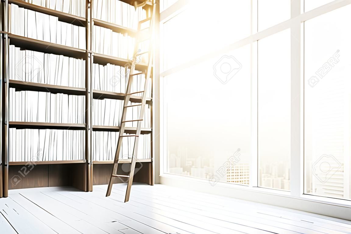 Side view of library interior with wooden bookshelves, light floor, ladder, window with city view and daylight. 3D Rendering