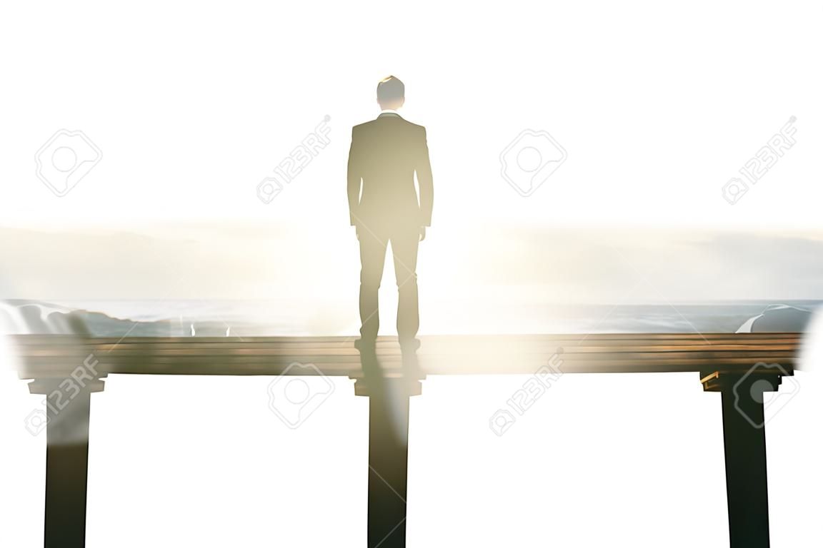 Back view of thoughtful businessman standing on wooden pier. Employment concept. Double exposure