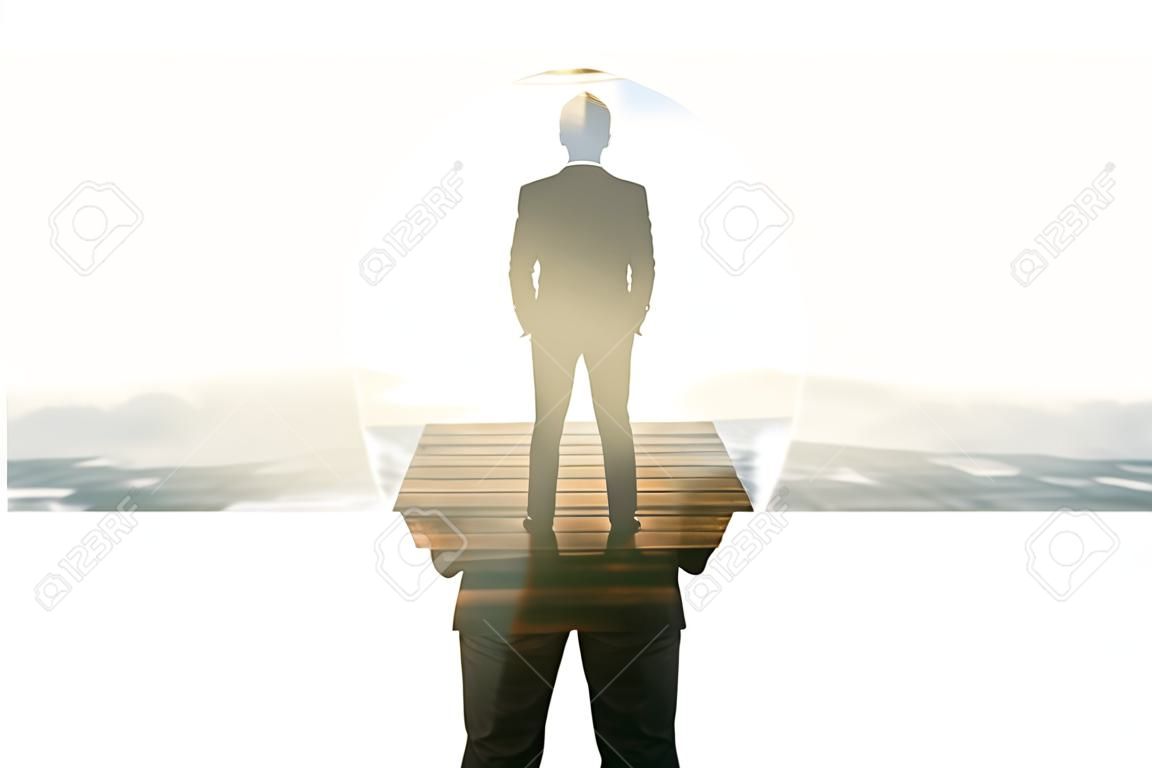 Back view of thoughtful businessman standing on wooden pier. Employment concept. Double exposure