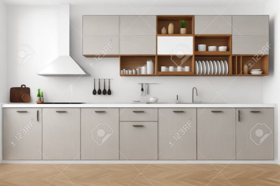 Vista frontal do interior moderno da cozinha branca com piso de madeira, móveis e equipamentos.