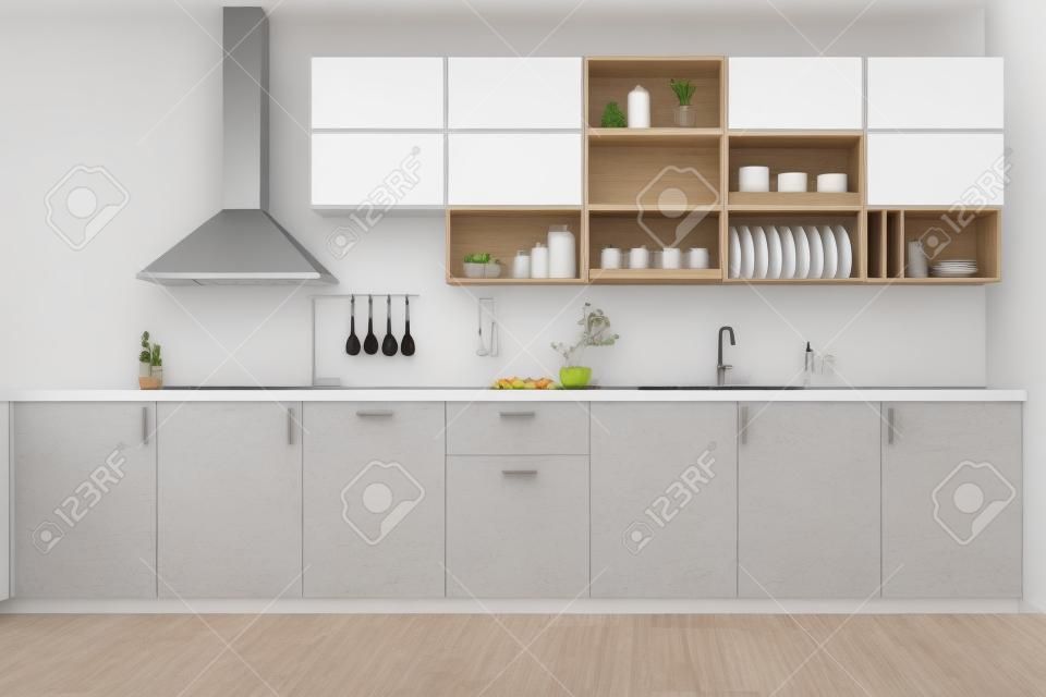Vorderansicht des modernen weißen Kücheninnenraums mit Bretterboden, Möbeln und Ausrüstung. 3D-Rendering