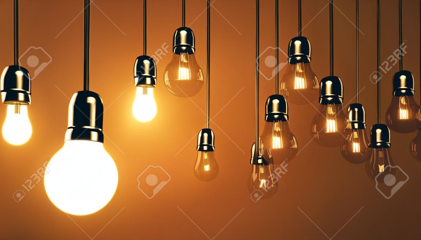lamps hanging the wire and one glows. Business idea concept. 3d rendering