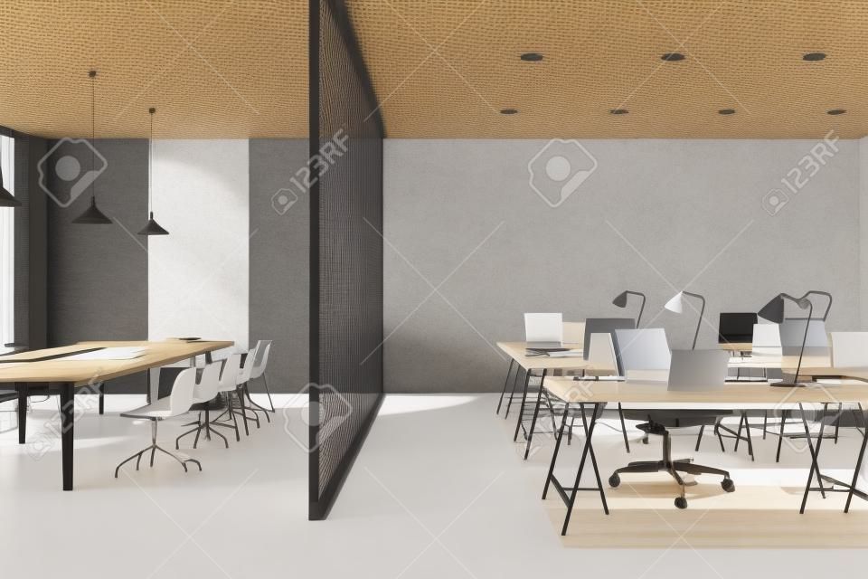 Modern coworking office interior with computer on table. Workplace and lifestyle concept. 3D Rendering