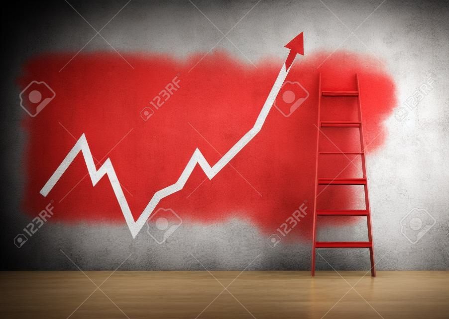 Drawing red arrow on wall with wooden ladder. Success and startup concept.
