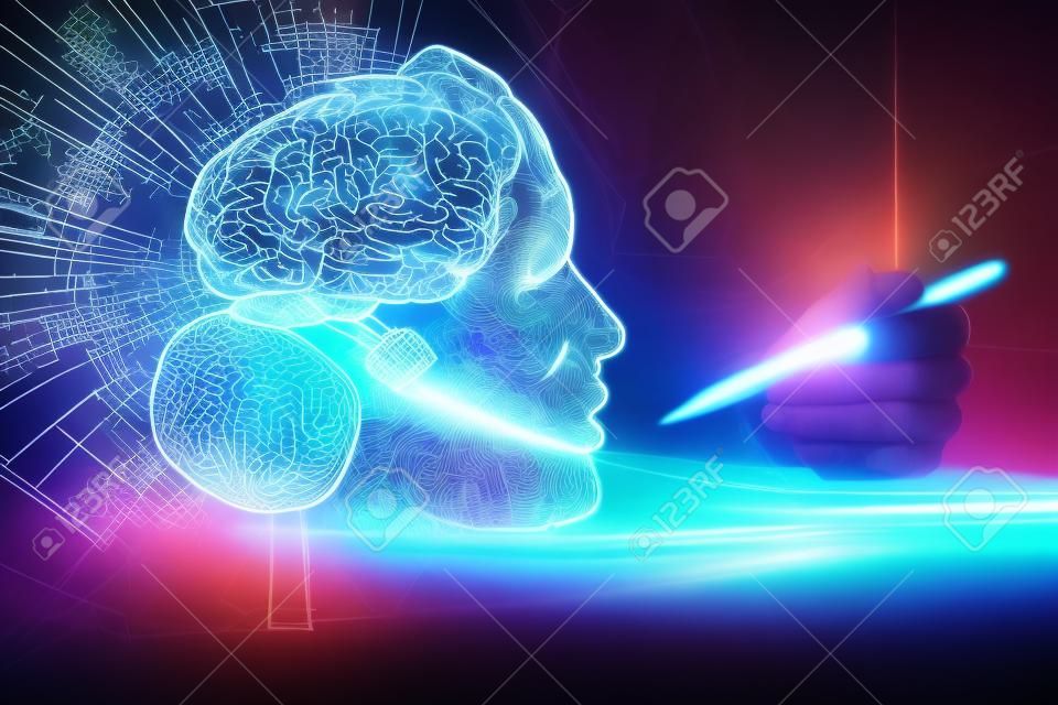 Multi exposure of writing hand on background with brain hologram. Concept of self learning.