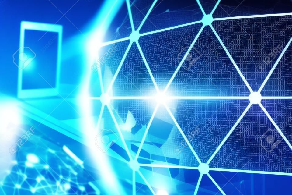 Computer on desktop with social network hologram. Double exposure. Concept of international people connections.