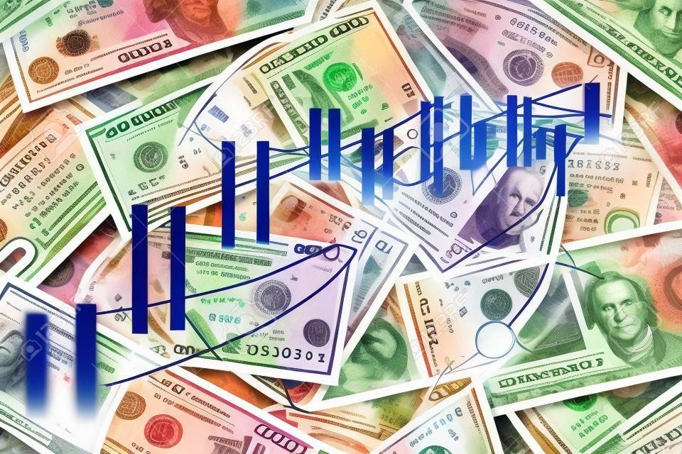 Exposition multiple du graphique forex dessinant sur fond de facture en dollars américains. Concept de marchés de réussite financière.