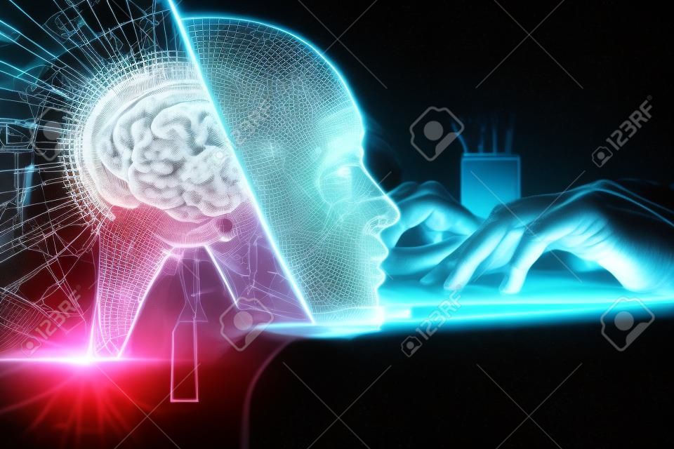 Exposição dobro das mãos da mulher que trabalham no desenho do holograma do computador e do cérebro.