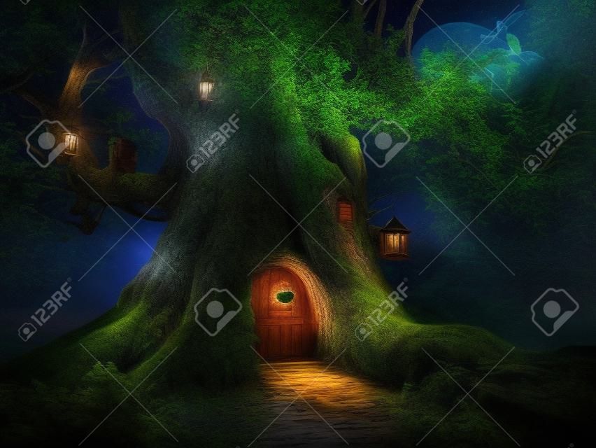 Noche mágica con una casa pequeña en el tronco de un viejo árbol en el bosque encantado.