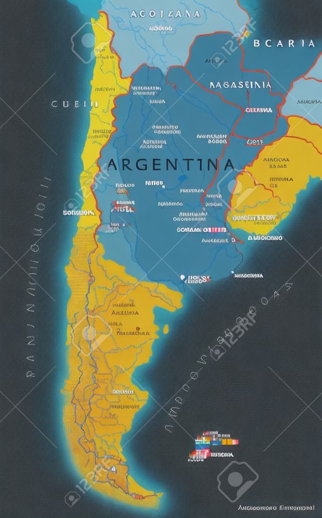 Argentina Political Map with capital Buenos Aires, national borders, most important cities, rivers and lakes