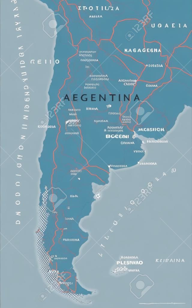 Argentina Political Map with capital Buenos Aires, national borders, most important cities, rivers and lakes