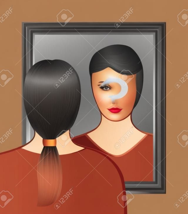 Uma mulher está olhando para o espelho perguntando a si mesma Quem sou eu Em seu rosto há um grande ponto de interrogação para trazer a consciência em questão Ilustração vetorial