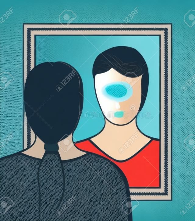 一個女人正在對著鏡子問自己我是誰在她的臉上有一個很大的問號，使那些自覺質疑矢量插圖