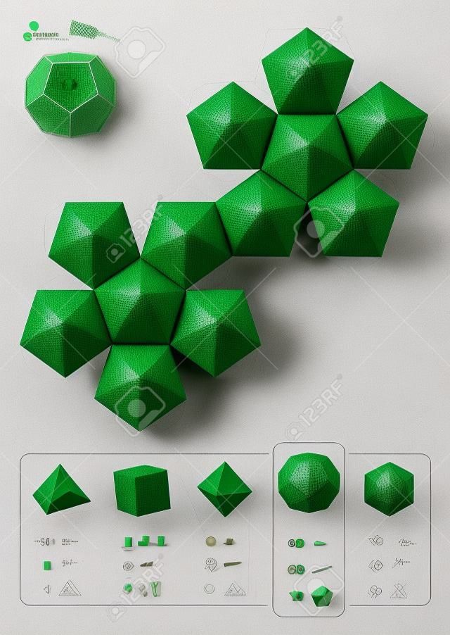 一個十二面的紙張的模式，五柏拉圖固體為一體，使一個三維手工藝工作出綠色五邊形淨下面的是所有五個具有頂點，邊和面的數字
