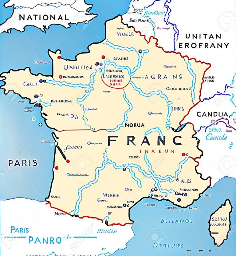 France Political Map with capital Paris, national borders, most important cities and rivers. English labeling and scaling. Illustration.