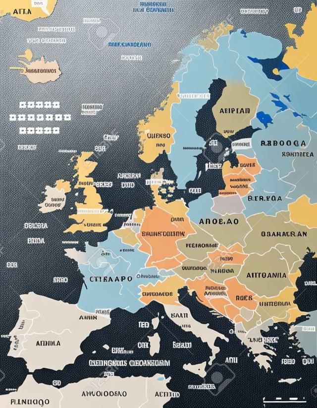 Politische Landkarte von Europa und der umliegenden Region. Mit Länder, Hauptstädte, Landesgrenzen, große Flüsse und Seen. Englisch Kennzeichnung und Skalierung. Illustration.