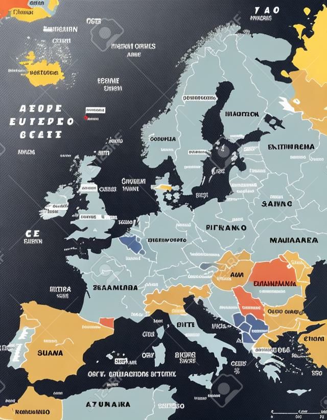 Europa Politieke Kaart en de omliggende regio. Met landen, hoofdsteden, nationale grenzen, grote rivieren en meren. Engels labelen en schalen. Illustratie.