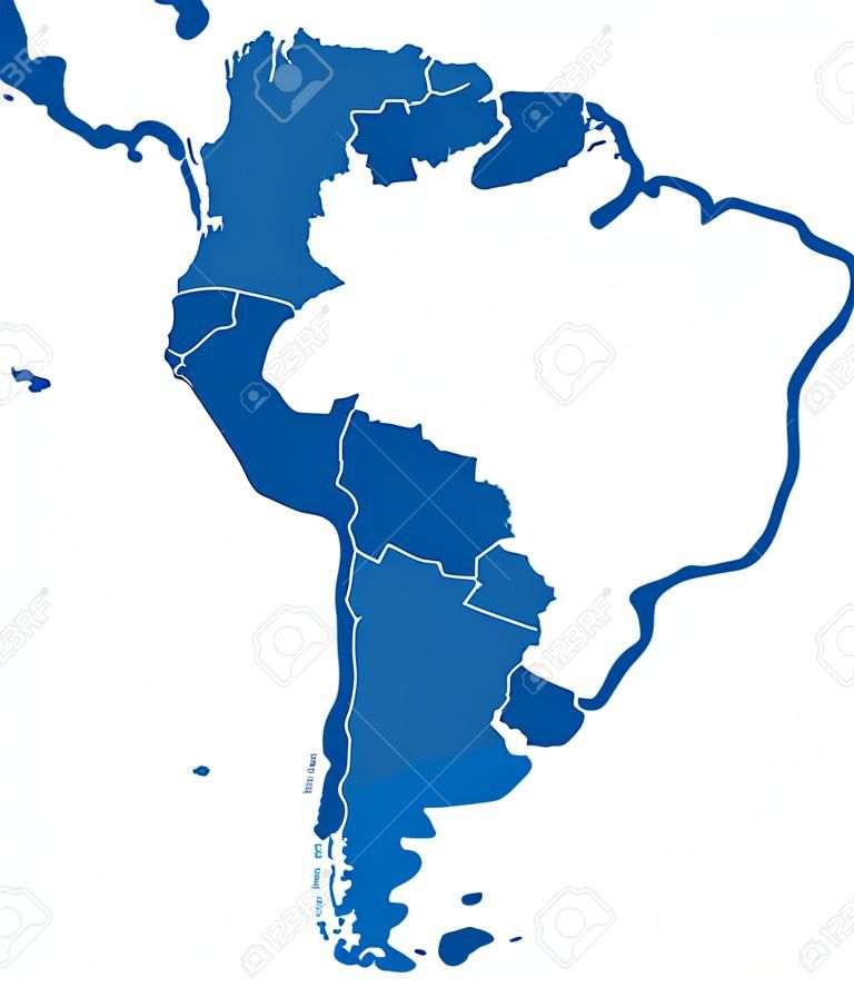 Political map of South America with all countries and national borders. Blue outline illustration on white background and english scaling.