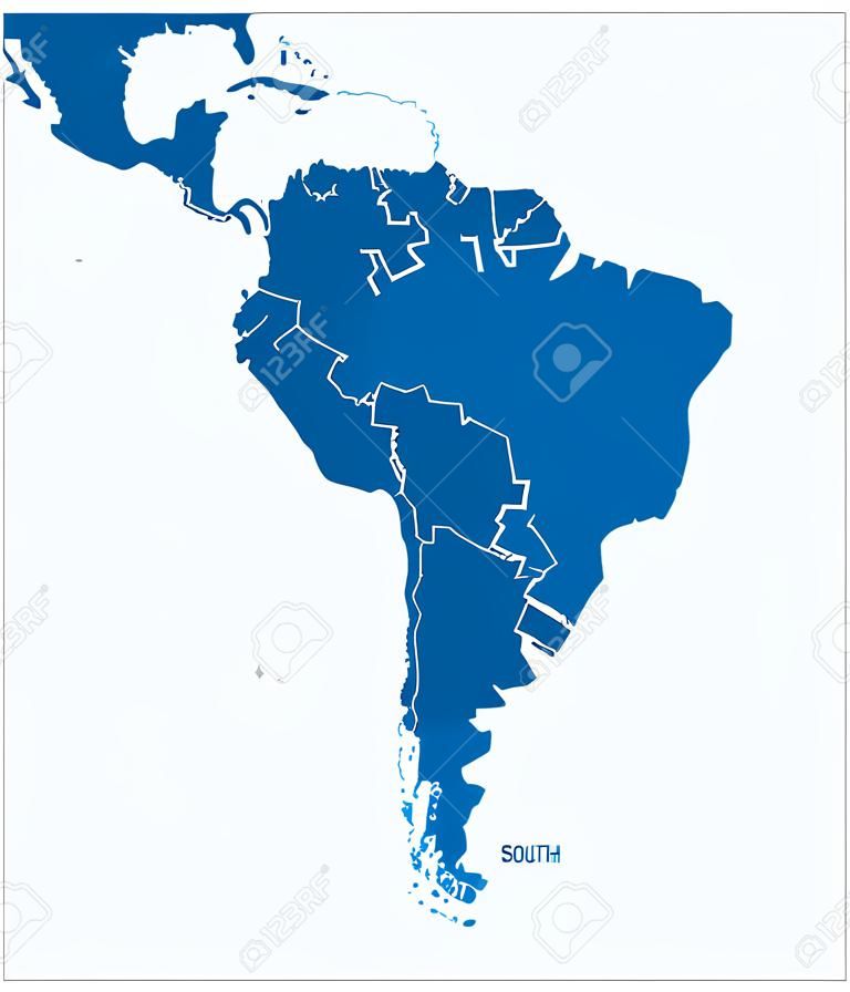 Politische Karte von Südamerika mit allen Ländern und Ländergrenzen hinweg. Blaue Kontur Darstellung auf weißem Hintergrund und Englisch Skalierung.