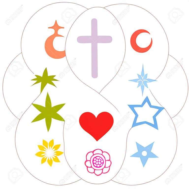 Simboli religiosi hanno fatto formare un fiore con un cuore come simbolo di unità religiosa o volgarità - Islam, Buddismo, Ebraismo, il giainismo, il sikhismo, Bahai, l'induismo, il cristianesimo. Isolato vettoriale su bianco.