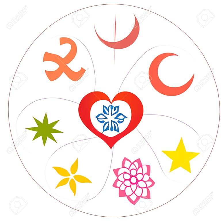 이슬람, 불교, 유대교, 자이나교, 시크교, 바하이, 힌두교, 기독교 - 종교 기호 종교 화합 또는 공통의 상징과 같은 마음으로 꽃을 형성했다. 흰색 통해 벡터입니다.