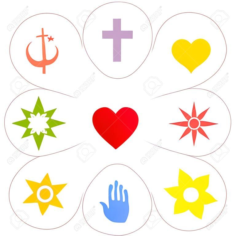 宗教的なシンボルは宗教的な結束または共通性 - イスラム教、仏教、ユダヤ教、ジャイナ教、シーク教、バハイ、ヒンズー教、キリスト教のシンボルとして心で花を形成しました。白で隔離されたベクトル。