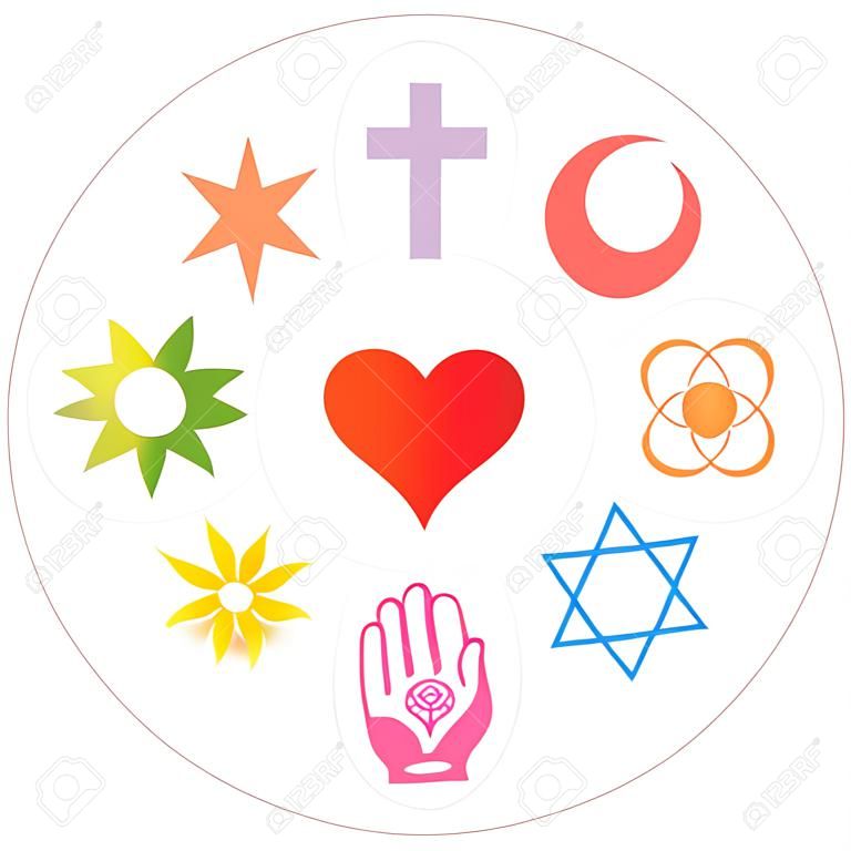 宗教的なシンボルは宗教的な結束または共通性 - イスラム教、仏教、ユダヤ教、ジャイナ教、シーク教、バハイ、ヒンズー教、キリスト教のシンボルとして心で花を形成しました。白で隔離されたベクトル。