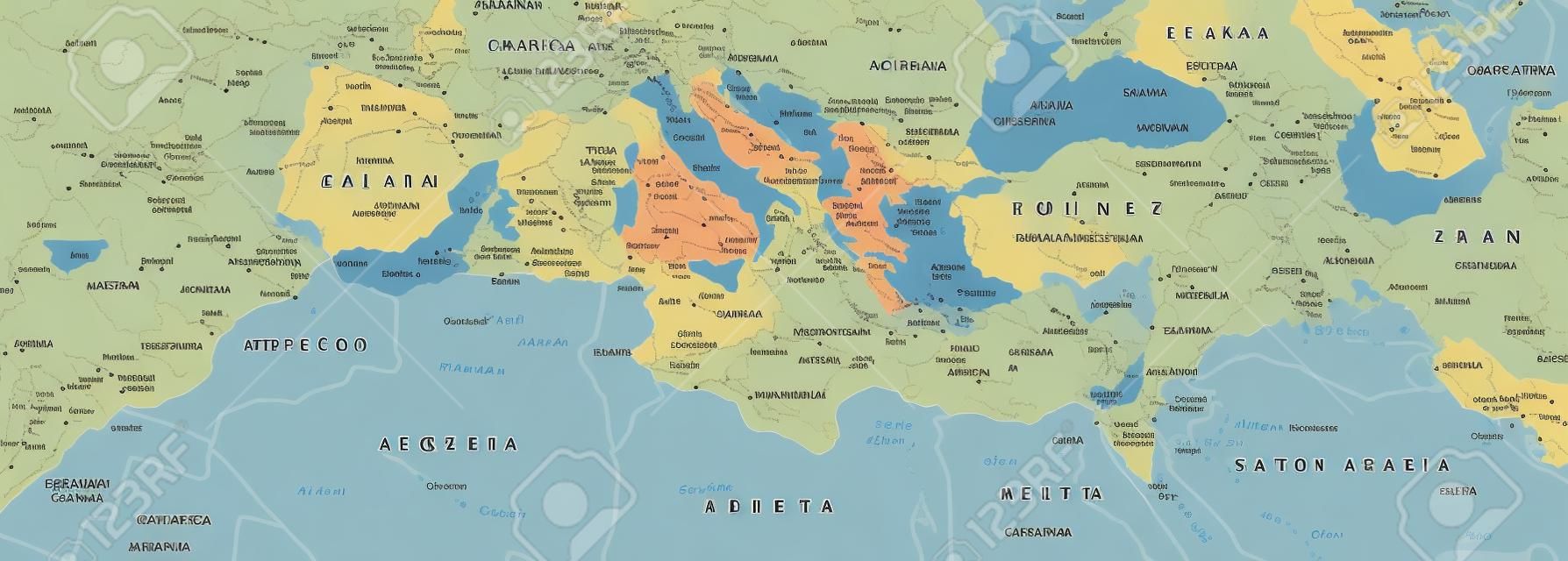 地中海盆地的政治地圖。南歐，北非和近東地區與首都國界河流和湖泊。英國標籤和縮放。插圖。