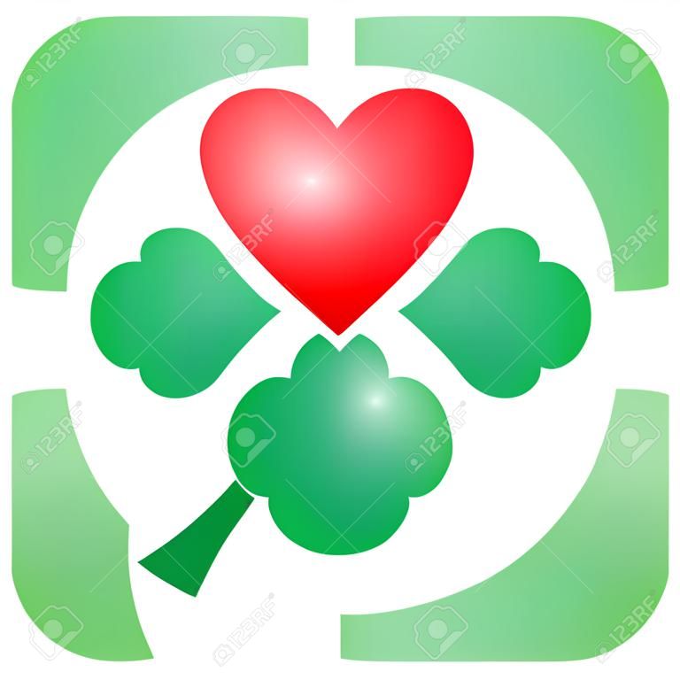 Four leaved clover with one red heart. Illustration over white background.
