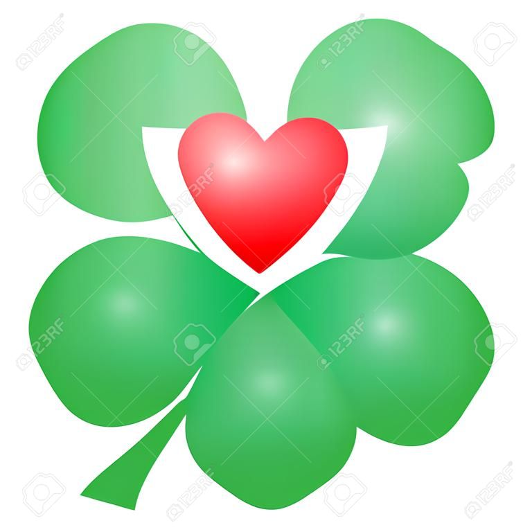 Four leaved clover with one red heart. Illustration over white background.