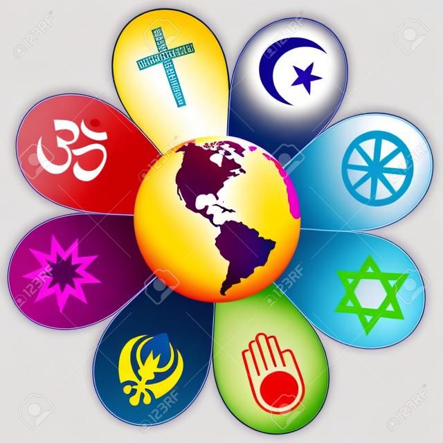 World religions united on a colorful flower with planet earth in center. Isolated vector illustration on white background.