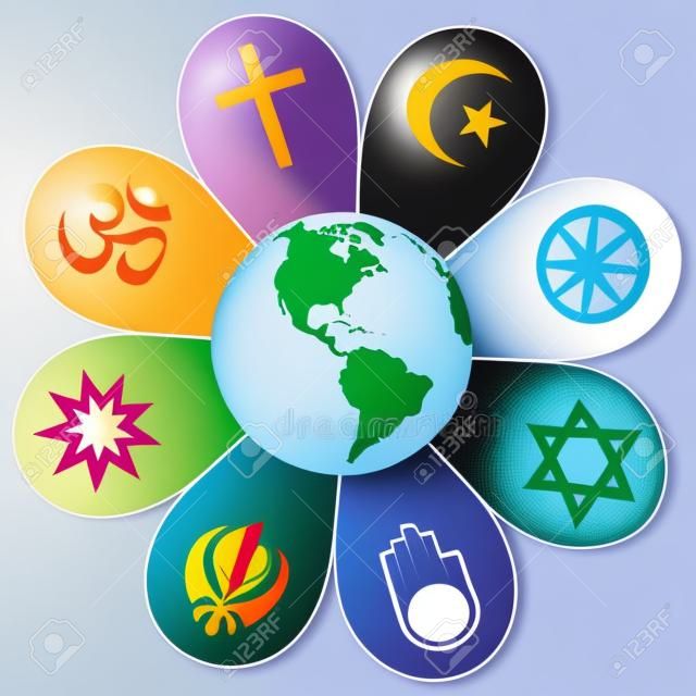 religions du monde réunis sur une fleur colorée avec la planète terre dans le centre. Isolated illustration vectorielle sur fond blanc.