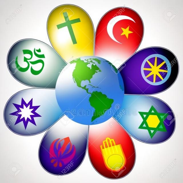 世界宗教團結在中心豐富多彩的花地球。孤立的矢量插圖在白色背景。