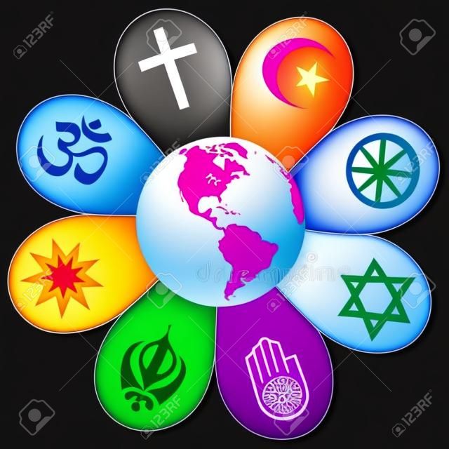 Weltreligionen vereint auf einer bunten Blume mit dem Planeten Erde in der Mitte. Isolierte Vektor-Illustration auf weißem Hintergrund.