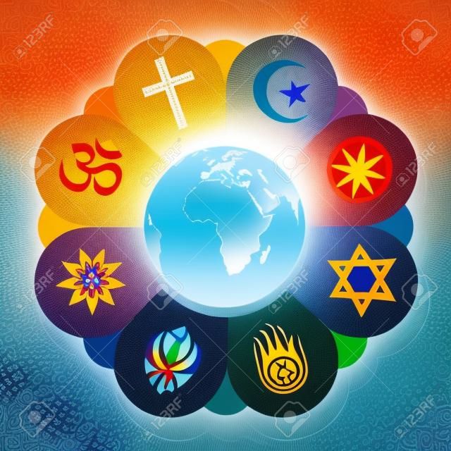 世界の宗教は、キリスト教、イスラム教、仏教、ユダヤ教、ジャイナ教、シーク教、バハイ、ヒンズー教 - 宗教的な連帯とコヒーレンスのシンボル - 花の花弁として統一。ベクトルの図。