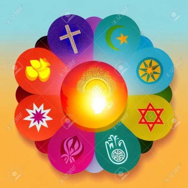 World religions united as petals of a flower - a symbol for religious solidarity and coherence - Christianity, Islam, Buddhism, Judaism, Jainism, Sikhism, Bahai, Hinduism. Vector illustration.
