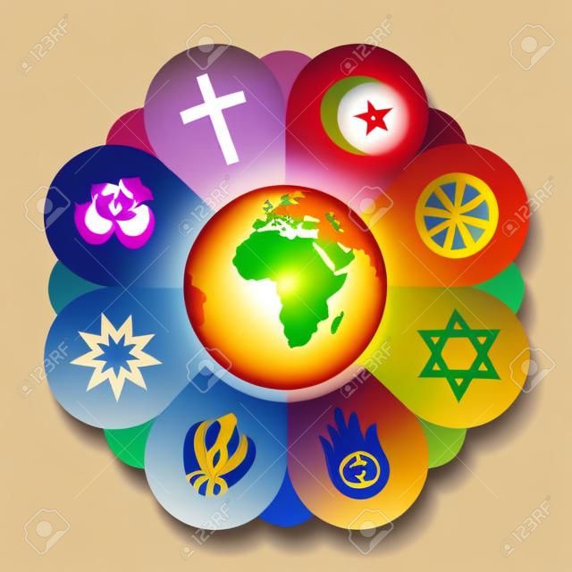 Las religiones del mundo unidos como pétalos de una flor - un símbolo de solidaridad religiosa y coherencia - el cristianismo, el islam, el budismo, el judaísmo, el jainismo, sijismo, Bahai, el hinduismo. Ilustración del vector.