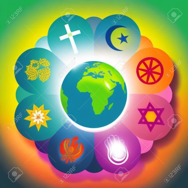 World religions united as petals of a flower - a symbol for religious solidarity and coherence - Christianity, Islam, Buddhism, Judaism, Jainism, Sikhism, Bahai, Hinduism. Vector illustration.