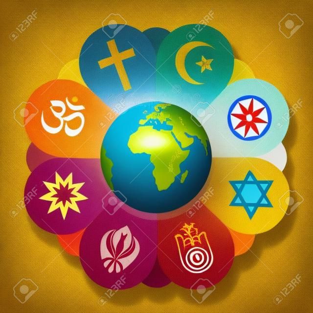 Las religiones del mundo unidos como pétalos de una flor - un símbolo de solidaridad religiosa y coherencia - el cristianismo, el islam, el budismo, el judaísmo, el jainismo, sijismo, Bahai, el hinduismo. Ilustración del vector.