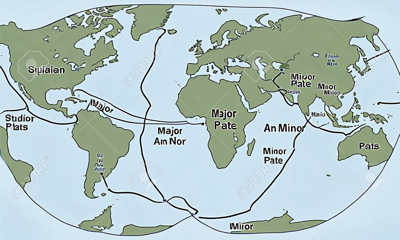 Placa tectônica - mapa do mundo com placas menores. ilustração.