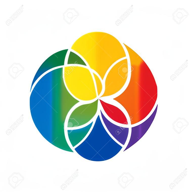 Rainbow colored Seed of Life and Color wheel, showing complementary colors that is used in art and for paintings, primary and secondary in the center and the resulting mixed ones. Illustration.