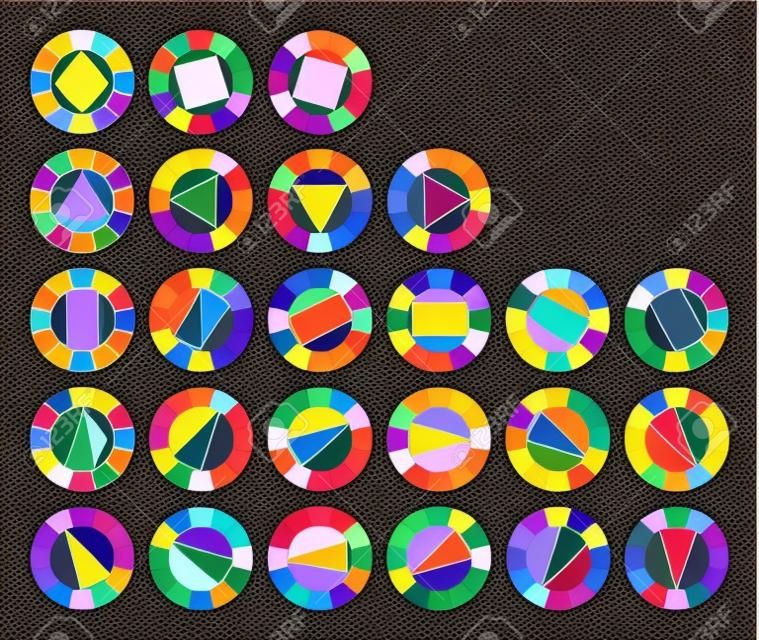 Roda de cores e formas geométricas mostrando vinte combinações complementares e harmônicas possíveis de cores na arte e para pinturas. Ilustração.