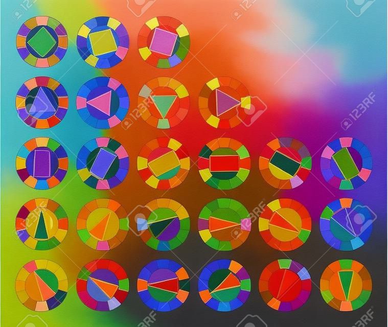 Color wheel and geometric forms showing twenty possible complementary and harmonic combinations of colors in art and for paintings. Illustration.