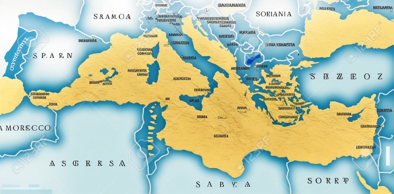 Mapa político dos países da região do Mar Mediterrâneo com fronteiras nacionais. Sul da Europa, Norte da África e Próximo Oriente com fronteiras nacionais. Rotulagem e escala em inglês. Ilustração.